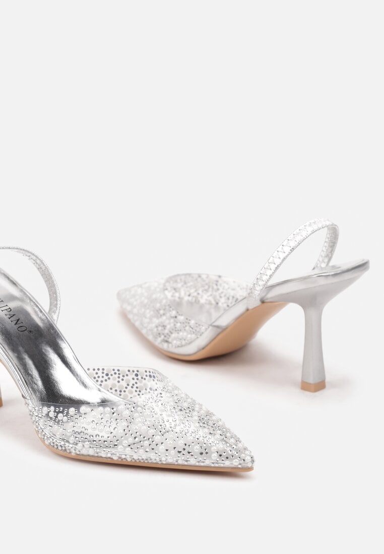 Srebrne Szpilki Bez Pięty Ozdobione Cyrkoniami i Transparentną Cholewką Arklora