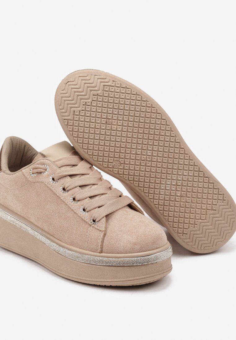 Ciemnobeżowe Sneakersy na Grubej Podeszwie Ozdobione Cyrkoniami Arnolia