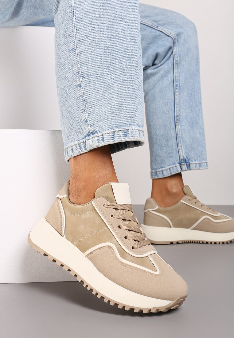 Ciemnobeżowe Płaskie Sneakersy z Geometrycznym Motywem Erisalen