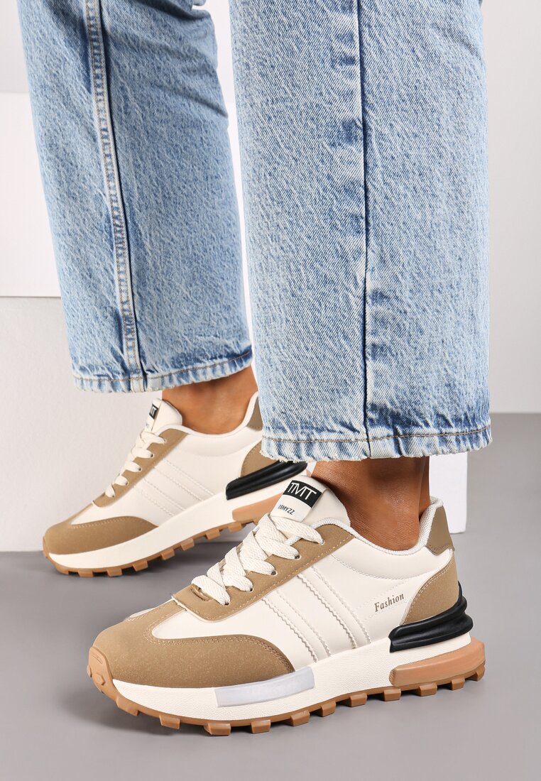 Brązowe Płaskie Sneakersy Ozdobione Paskami Erialora