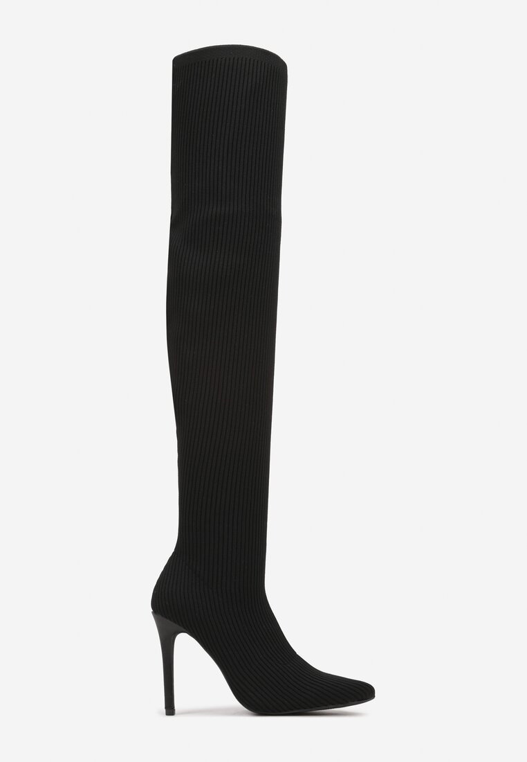 Czarne Kozaki na Szpilce z Prążkowanego Materiału Erilliane