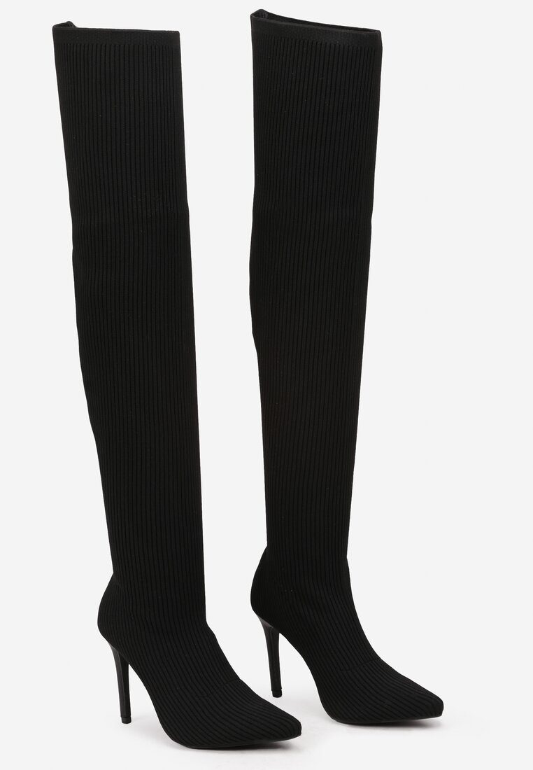 Czarne Kozaki na Szpilce z Prążkowanego Materiału Erilliane