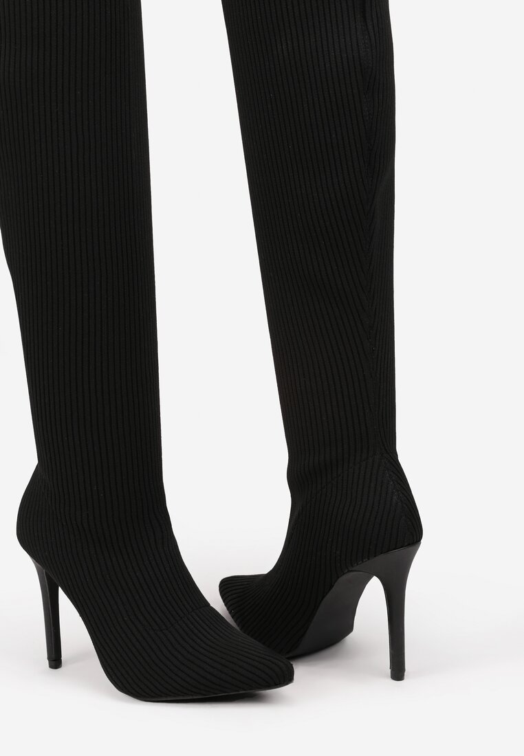 Czarne Kozaki na Szpilce z Prążkowanego Materiału Erilliane