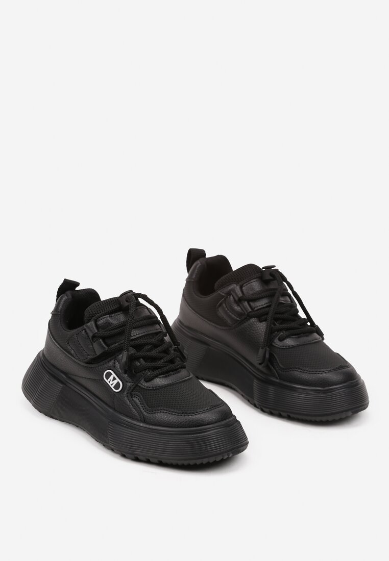 Czarne Buty Sportowe Sneakersy na Platformie z Ozdobną Aplikacją i Skórzaną Wkładką Biavarae