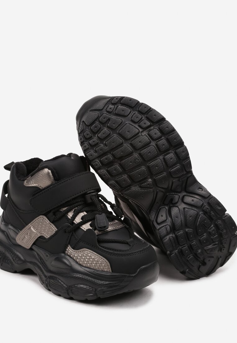 Czarno-Brązowe Botki Sneakersy na Grubej Podeszwie Tłoczonymi Wstawkami Bialuna