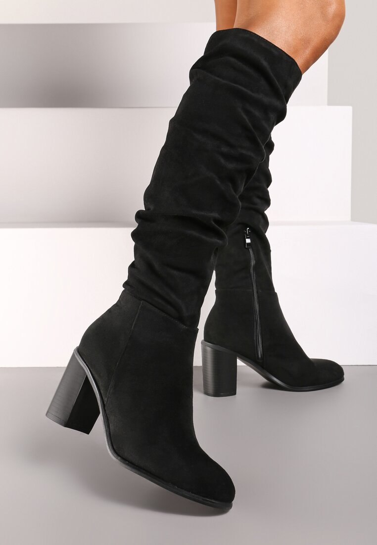 Czarne Kozaki Wysokie z Ozdobnie Marszczoną Cholewką Erianoria