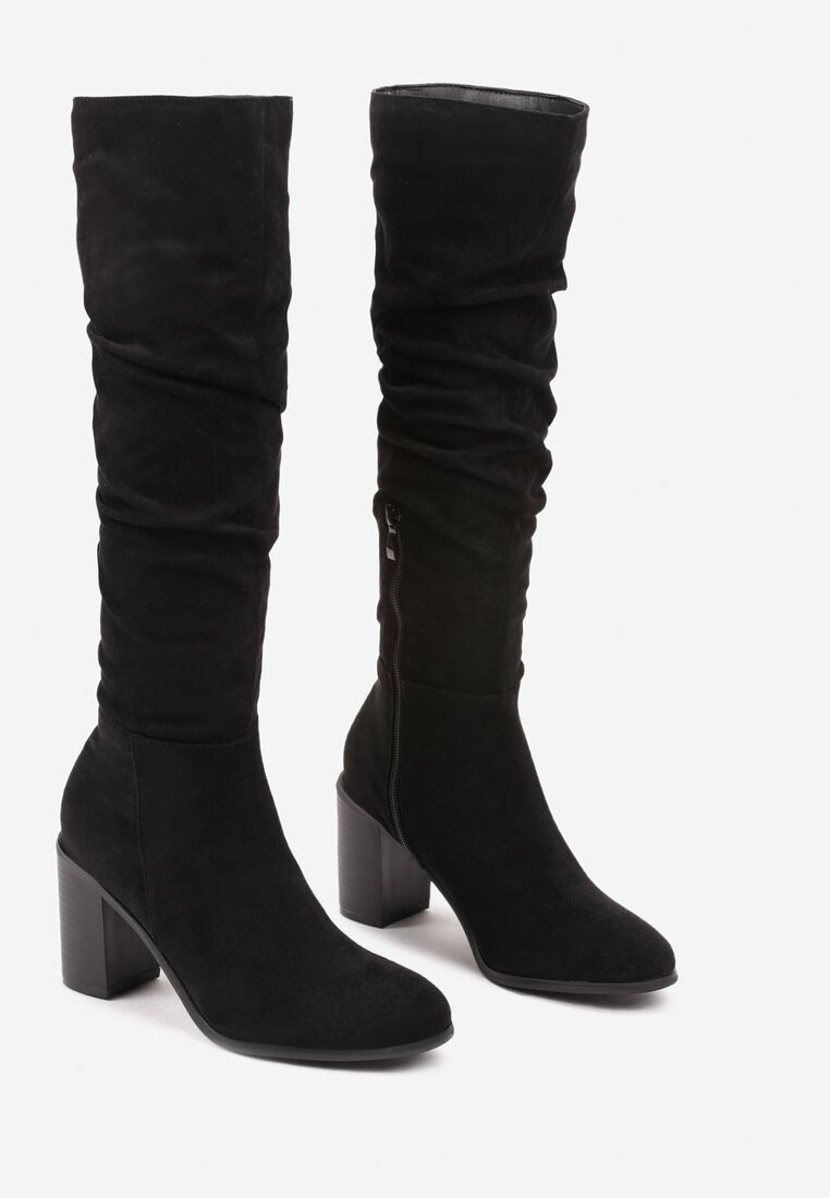 Czarne Kozaki Wysokie z Ozdobnie Marszczoną Cholewką Erianoria