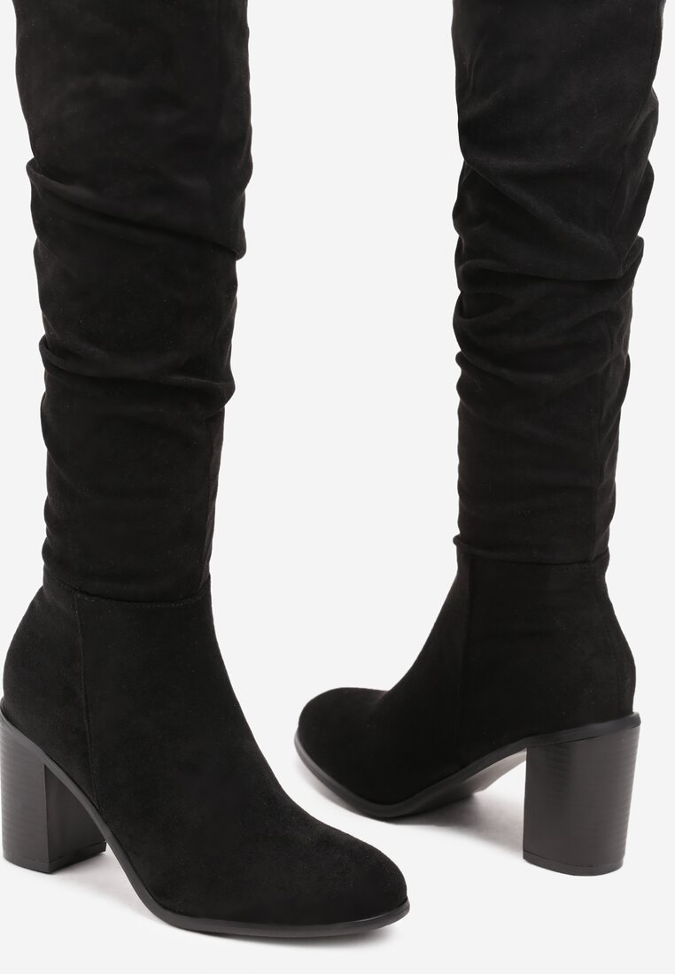 Czarne Kozaki Wysokie z Ozdobnie Marszczoną Cholewką Erianoria