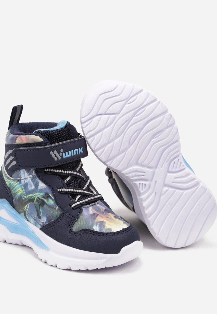 Granatowe Płaskie Buty Sportowe Sneakersy za Kostkę z Ledami i Geometrycznym Wzorem Temilia