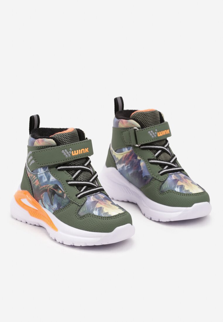 Ciemnozielone Płaskie Buty Sportowe Sneakersy za Kostkę z Ledami i Geometrycznym Wzorem Temilia