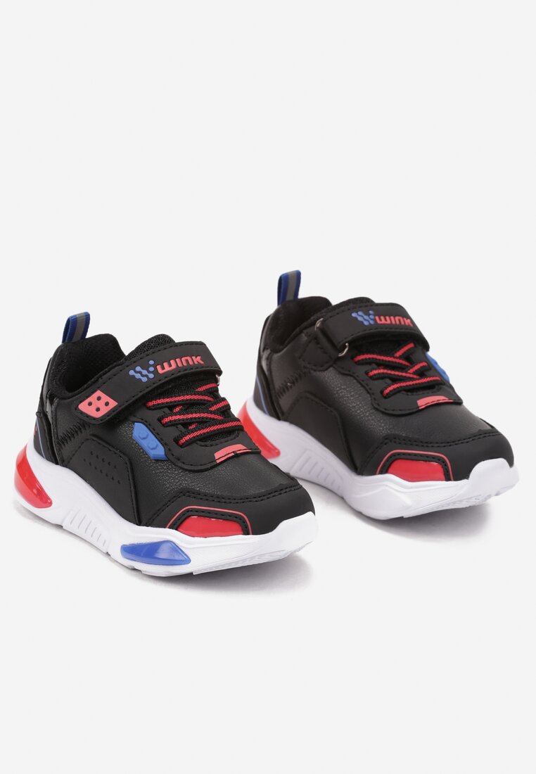 Czarno-Czerwone Płaskie Sznurowane Buty Sportowe Sneakersy z Ledami i Rzepami Erinalia