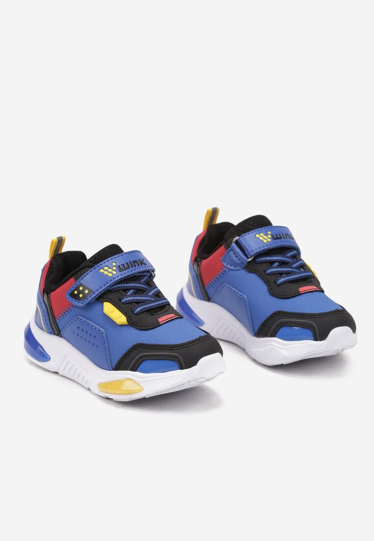 Niebieskie Płaskie Sznurowane Buty Sportowe Sneakersy z Ledami i Rzepami Erinalia