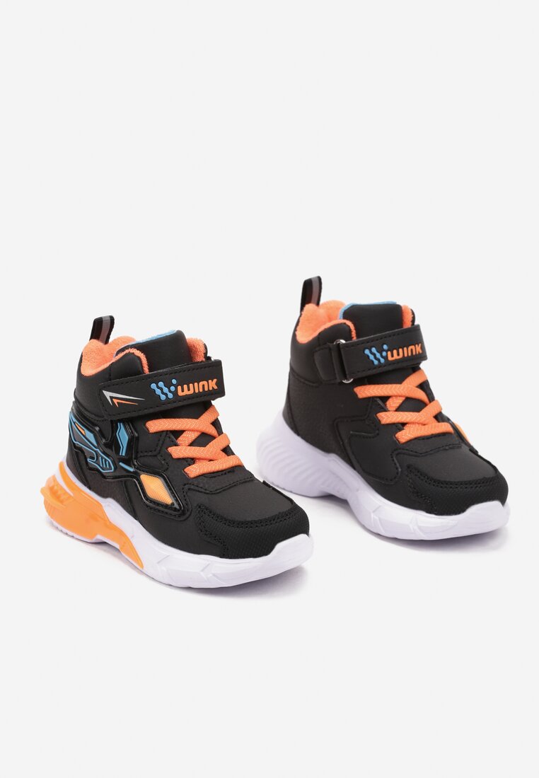 Czarne Płaskie Buty Sportowe Sneakersy z Ledami i Geometrycznym Zdobieniem na Rzepy Erithrea