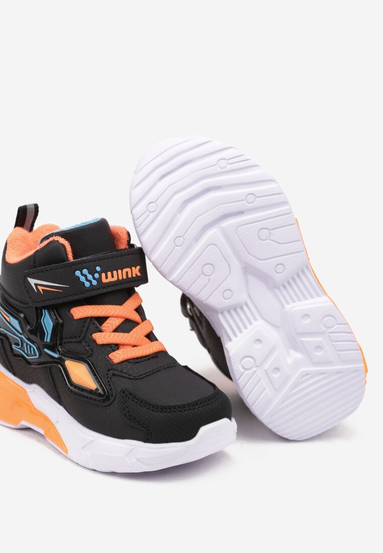 Czarne Płaskie Buty Sportowe Sneakersy z Ledami i Geometrycznym Zdobieniem na Rzepy Erithrea