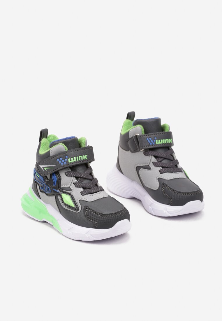 Szare Płaskie Buty Sportowe Sneakersy z Ledami i Geometrycznym Zdobieniem na Rzepy Erithrea