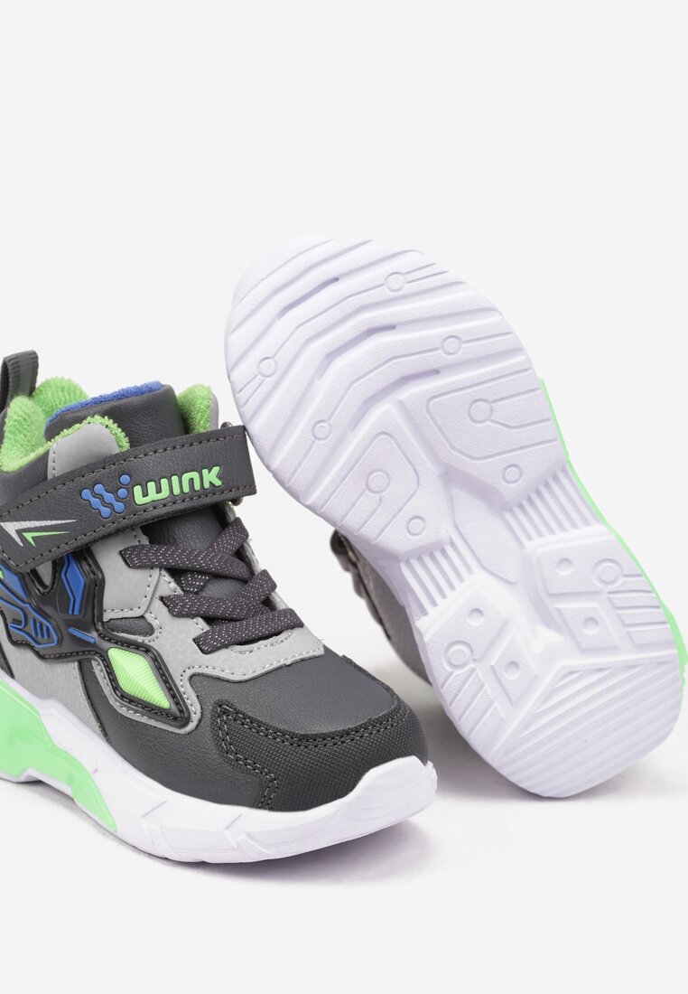 Szare Płaskie Buty Sportowe Sneakersy z Ledami i Geometrycznym Zdobieniem na Rzepy Erithrea