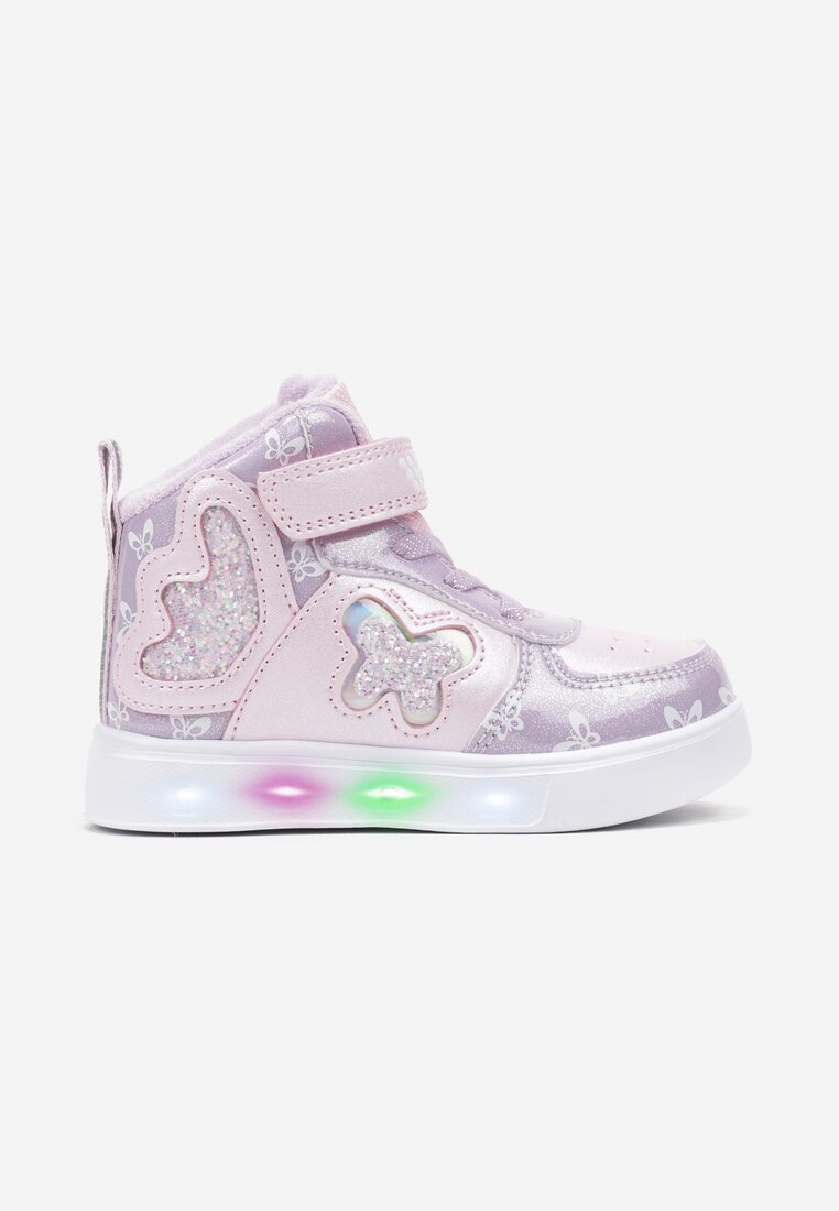 Różowe Płaskie Buty Sportowe Sneakersy za Kostkę z Ledami i Brokatem Ericea