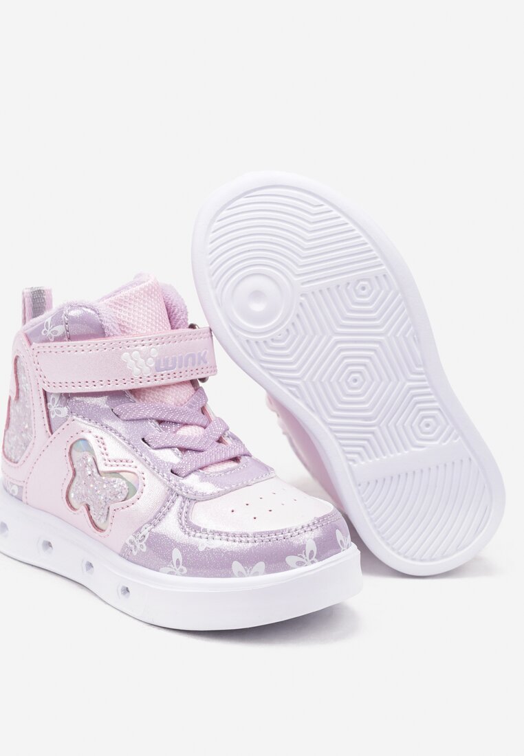Różowe Płaskie Buty Sportowe Sneakersy za Kostkę z Ledami i Brokatem Ericea