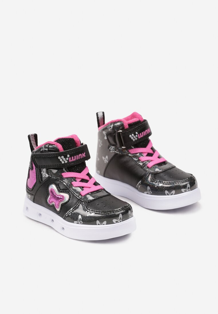Czarne Płaskie Buty Sportowe Sneakersy za Kostkę z Ledami i Brokatem Ericea