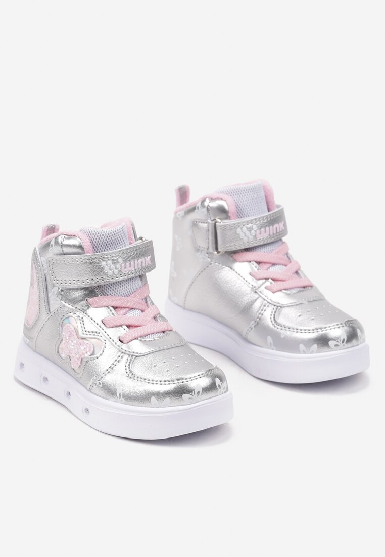 Srebrne Płaskie Buty Sportowe Sneakersy za Kostkę z Ledami i Brokatem Ericea