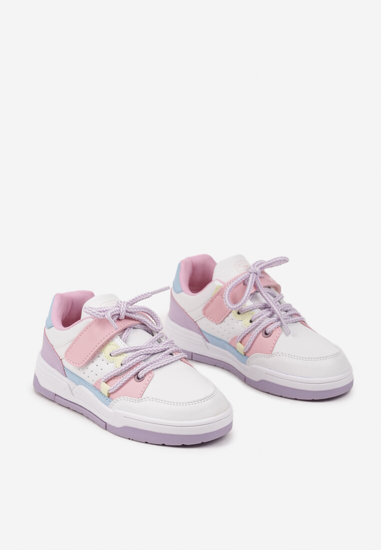 Biało-Fioletowe Płaskie Buty Sportowe Sneakersy na Rzep z Geometrycznym Wzorem i Sznurowaniem Terevan