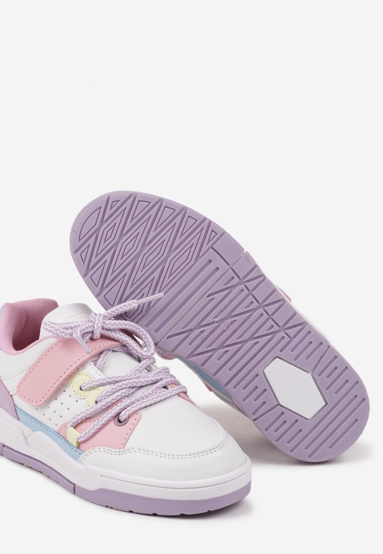 Biało-Fioletowe Płaskie Buty Sportowe Sneakersy na Rzep z Geometrycznym Wzorem i Sznurowaniem Terevan