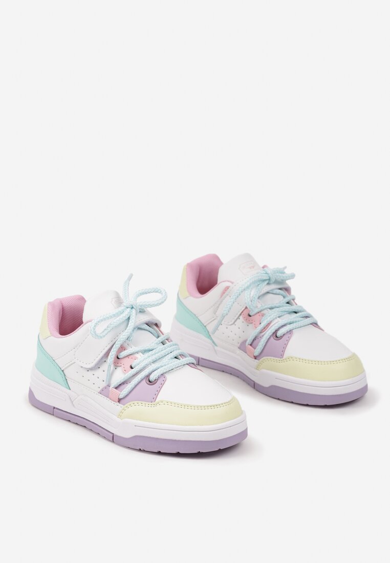Biało-Miętowe Płaskie Buty Sportowe Sneakersy na Rzep z Geometrycznym Wzorem i Sznurowaniem Terevan