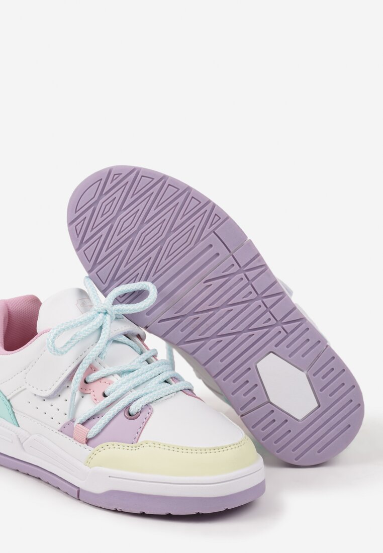 Biało-Miętowe Płaskie Buty Sportowe Sneakersy na Rzep z Geometrycznym Wzorem i Sznurowaniem Terevan