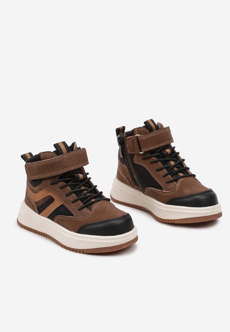 Brązowe Botki na Płaskiej Podeszwie w Stylu Sneakersów z Geometrycznym Zdobieniem Erisielle