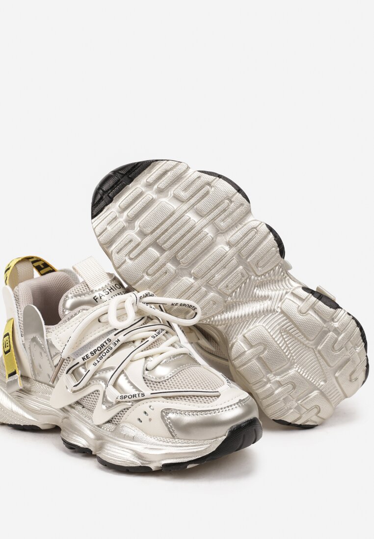 Beżowe Buty Sportowe na Grubej Podeszwie Zapinane na Rzep z Metalicznym Połyskiem Veria