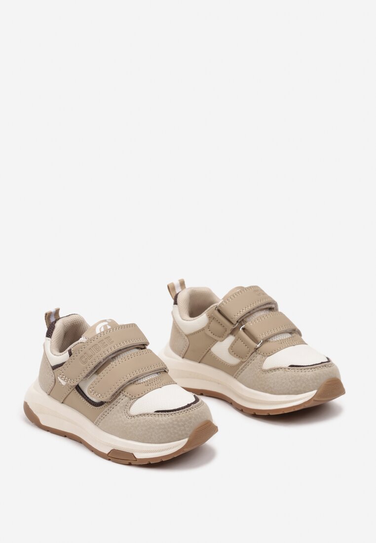 Ciemnobeżowe Buty Sportowe Sneakersy na Grubej Podeszwie Ozdobione Paskami Nerielle