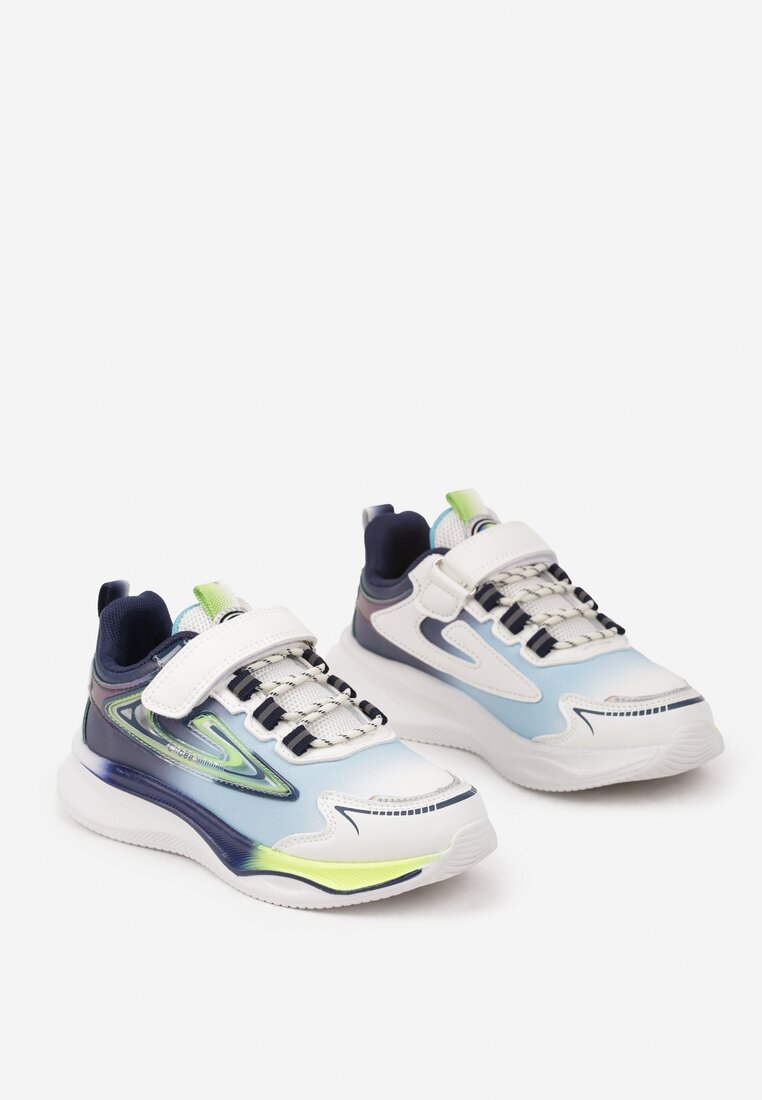 Biało-Niebieskie Płaskie Buty Sportowe Sneakersy na Rzep z Geometrycznym Zdobieniem Irinimi