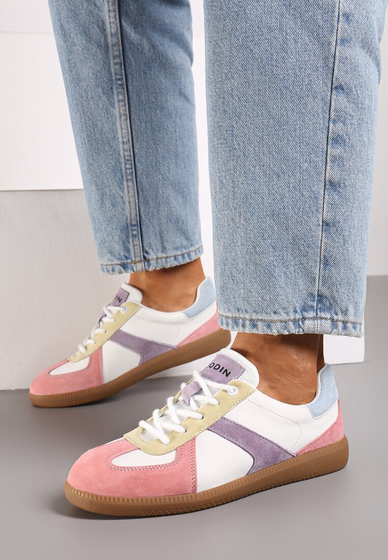 Fuksjowo-Białe Płaskie Skórzane Sneakersy Ozdobione Przeszyciami Verietta