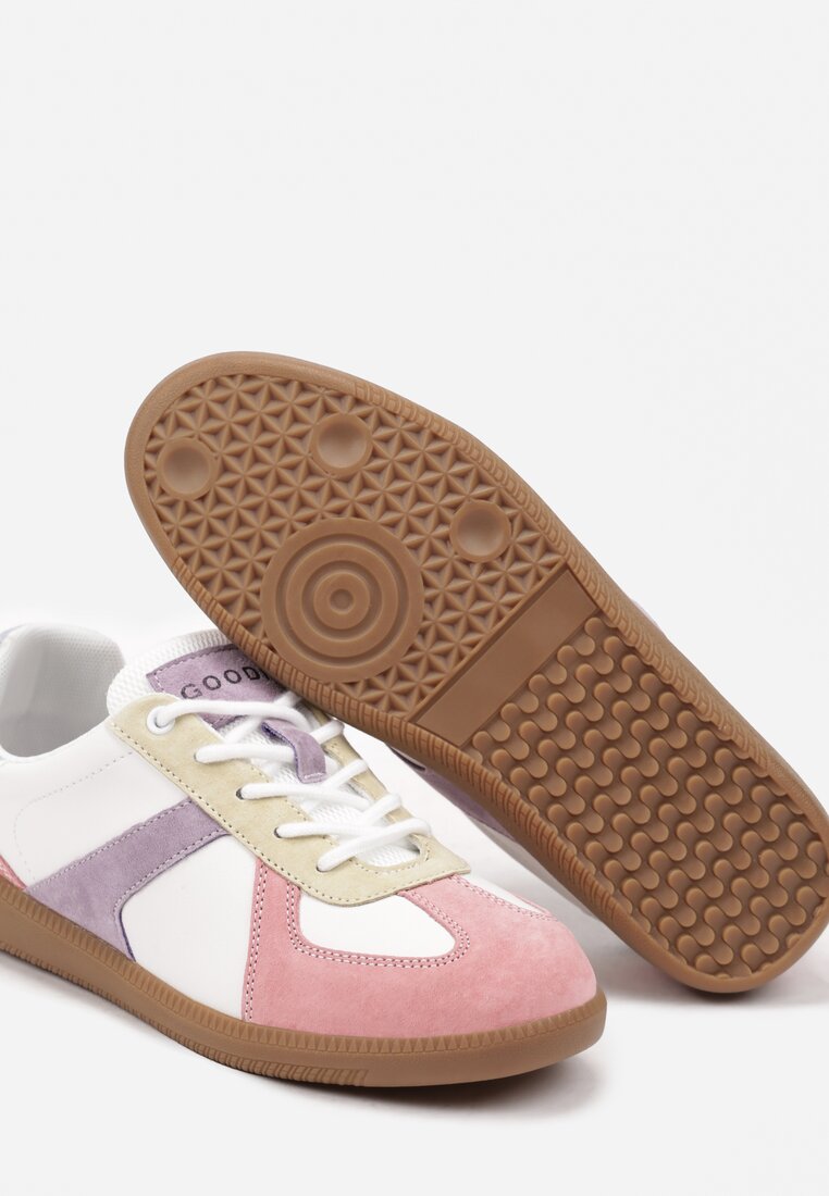 Fuksjowo-Białe Płaskie Skórzane Sneakersy Ozdobione Przeszyciami Verietta
