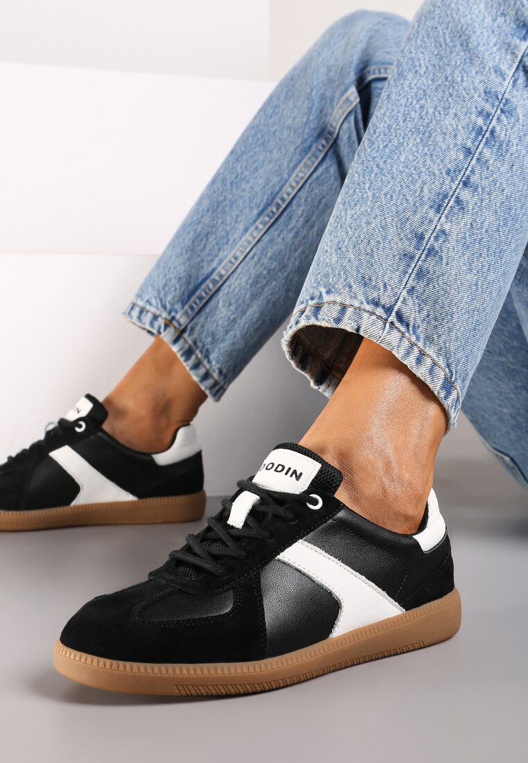 Czarno-Białe Płaskie Skórzane Sneakersy Ozdobione Przeszyciami Verietta
