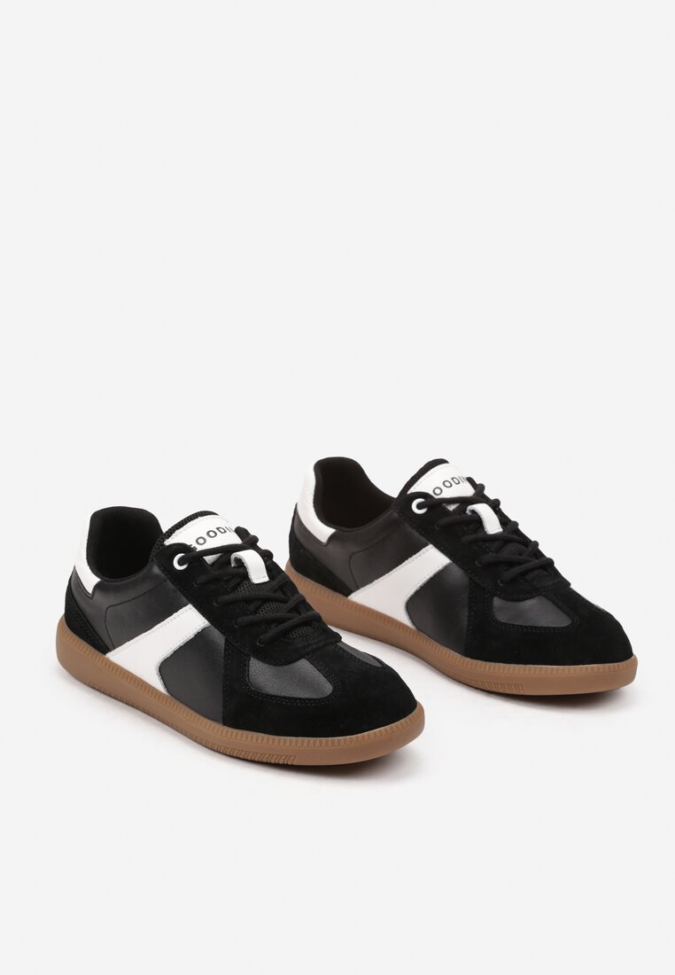 Czarno-Białe Płaskie Skórzane Sneakersy Ozdobione Przeszyciami Verietta