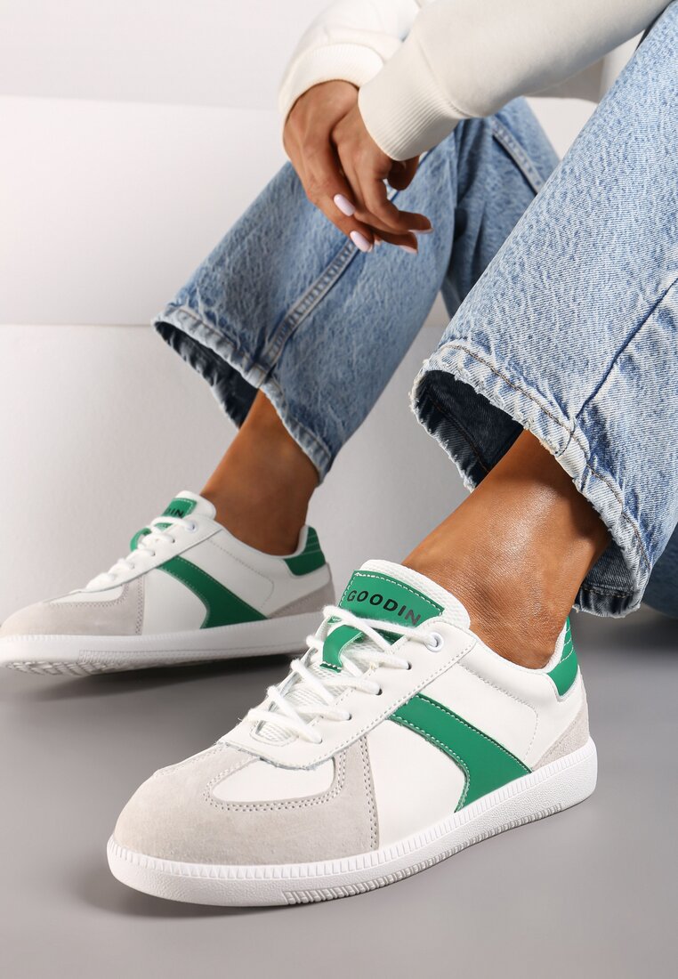 Biało-Zielone Płaskie Skórzane Sneakersy Ozdobione Przeszyciami Verietta