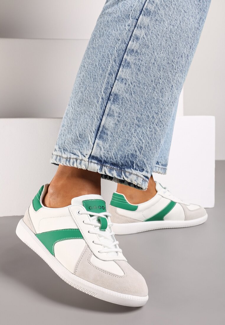 Biało-Zielone Płaskie Skórzane Sneakersy Ozdobione Przeszyciami Verietta