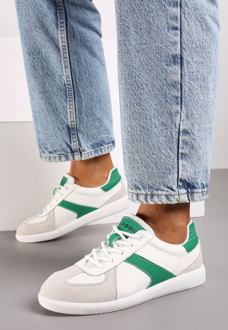 Biało-Zielone Płaskie Skórzane Sneakersy Ozdobione Przeszyciami Verietta