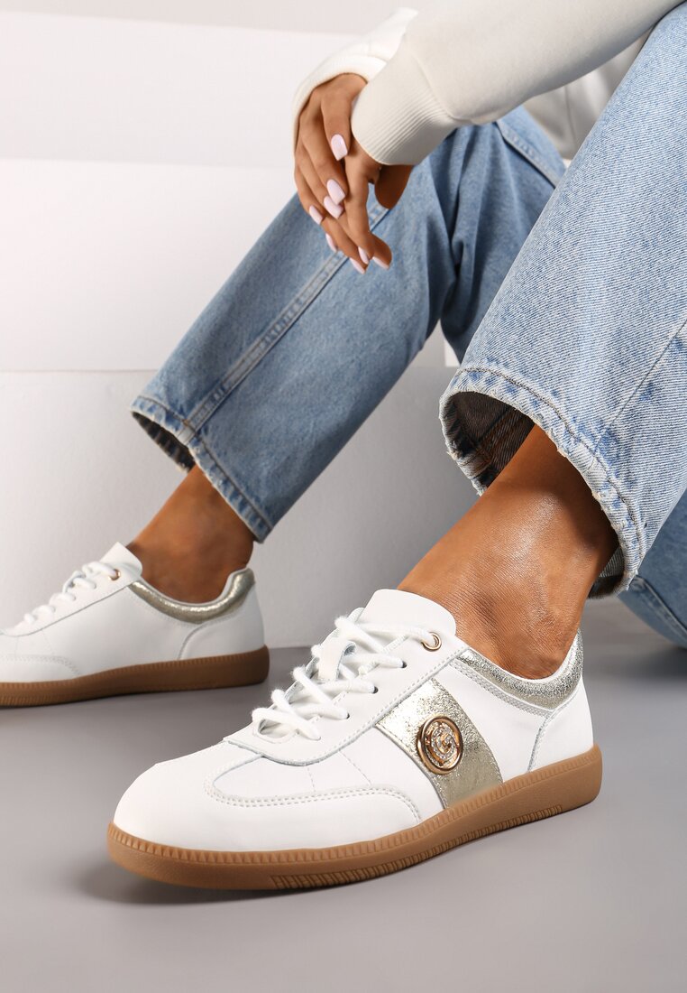 Biało-Złote Sneakersy ze Skórzaną Wkładką i Cyrkoniowym Zdobieniem Erisiona
