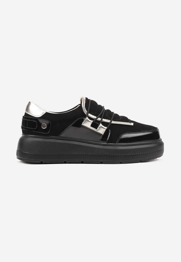 Czarne Skórzane Sneakersy na Grubej Podeszwie z Ozdobnym Paskiem i Metalicznymi Wstawkami Verilinde