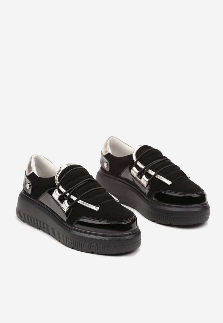 Czarne Skórzane Sneakersy na Grubej Podeszwie z Ozdobnym Paskiem i Metalicznymi Wstawkami Verilinde