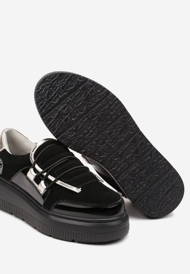 Czarne Skórzane Sneakersy na Grubej Podeszwie z Ozdobnym Paskiem i Metalicznymi Wstawkami Verilinde