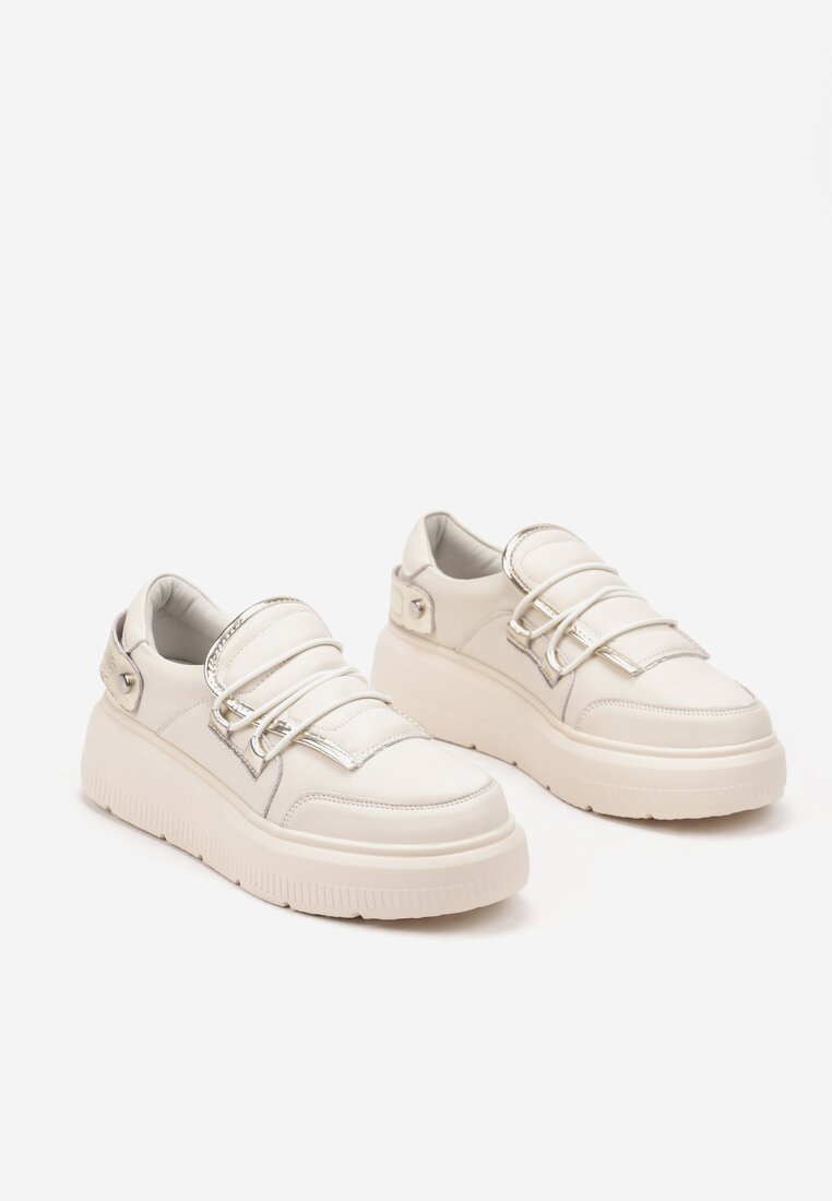 Beżowe Skórzane Sneakersy na Grubej Podeszwie z Ozdobnym Paskiem i Metalicznymi Wstawkami Verilinde
