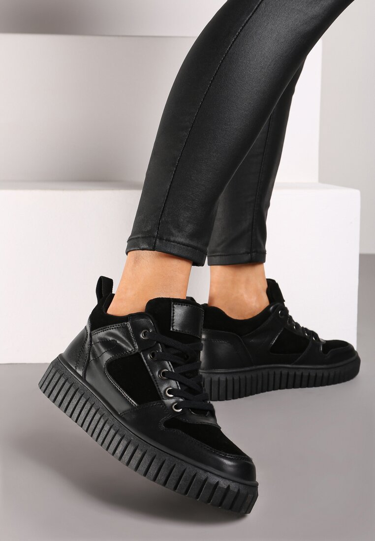 Czarne Skórzane Sneakersy na Grubej Tłoczonej Podeszwie Eriliane