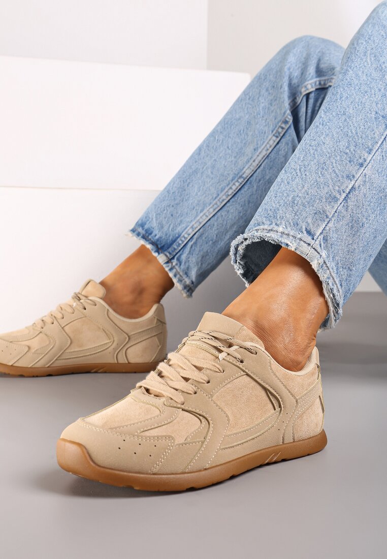 Ciemnobeżowe Sneakersy z Geometrycznymi Przeszyciami z Zdobieniem z Cyrkonii Taranea