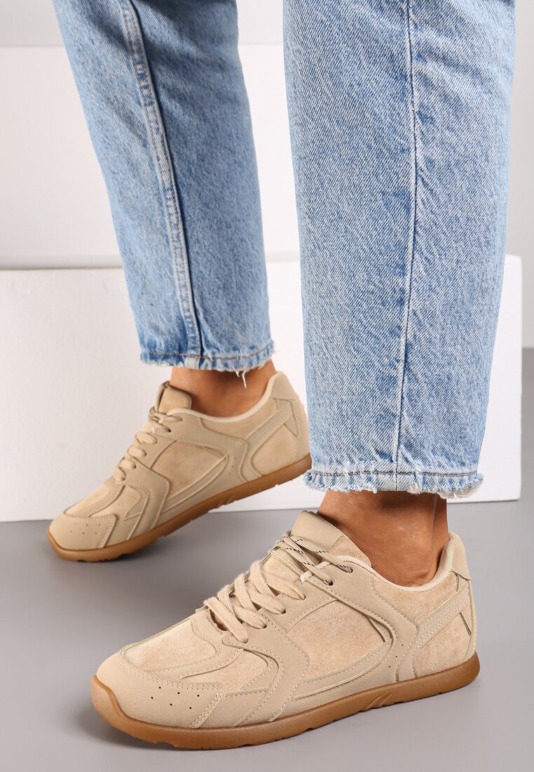 Ciemnobeżowe Sneakersy z Geometrycznymi Przeszyciami z Zdobieniem z Cyrkonii Taranea