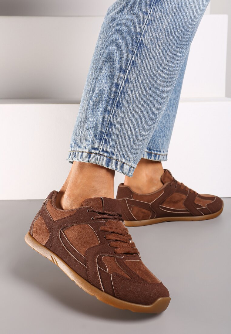 Brązowe Sneakersy z Geometrycznymi Przeszyciami z Zdobieniem z Cyrkonii Taranea