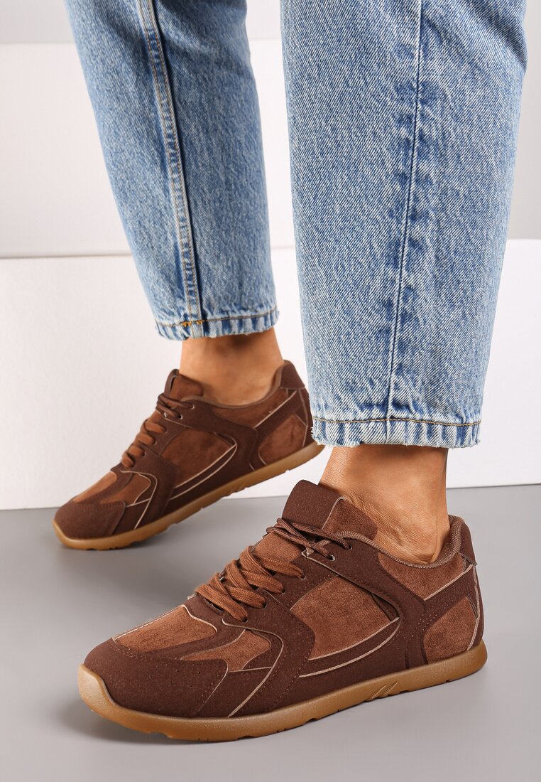 Brązowe Sneakersy z Geometrycznymi Przeszyciami z Zdobieniem z Cyrkonii Taranea