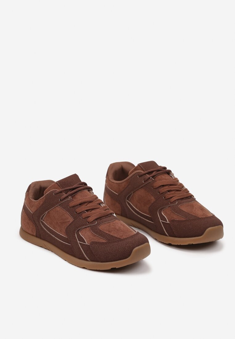 Brązowe Sneakersy z Geometrycznymi Przeszyciami z Zdobieniem z Cyrkonii Taranea